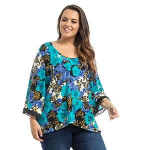 Takuni Women's Knit-Top Blue-Floral  Scoop-Neck Plus Size 1X  NEW WITHOUT TAGS